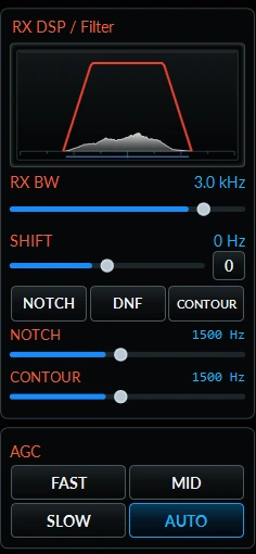 RX DSP panel with passband graphic, RX BW, shift, notch, DNF, contour and AGC buttons